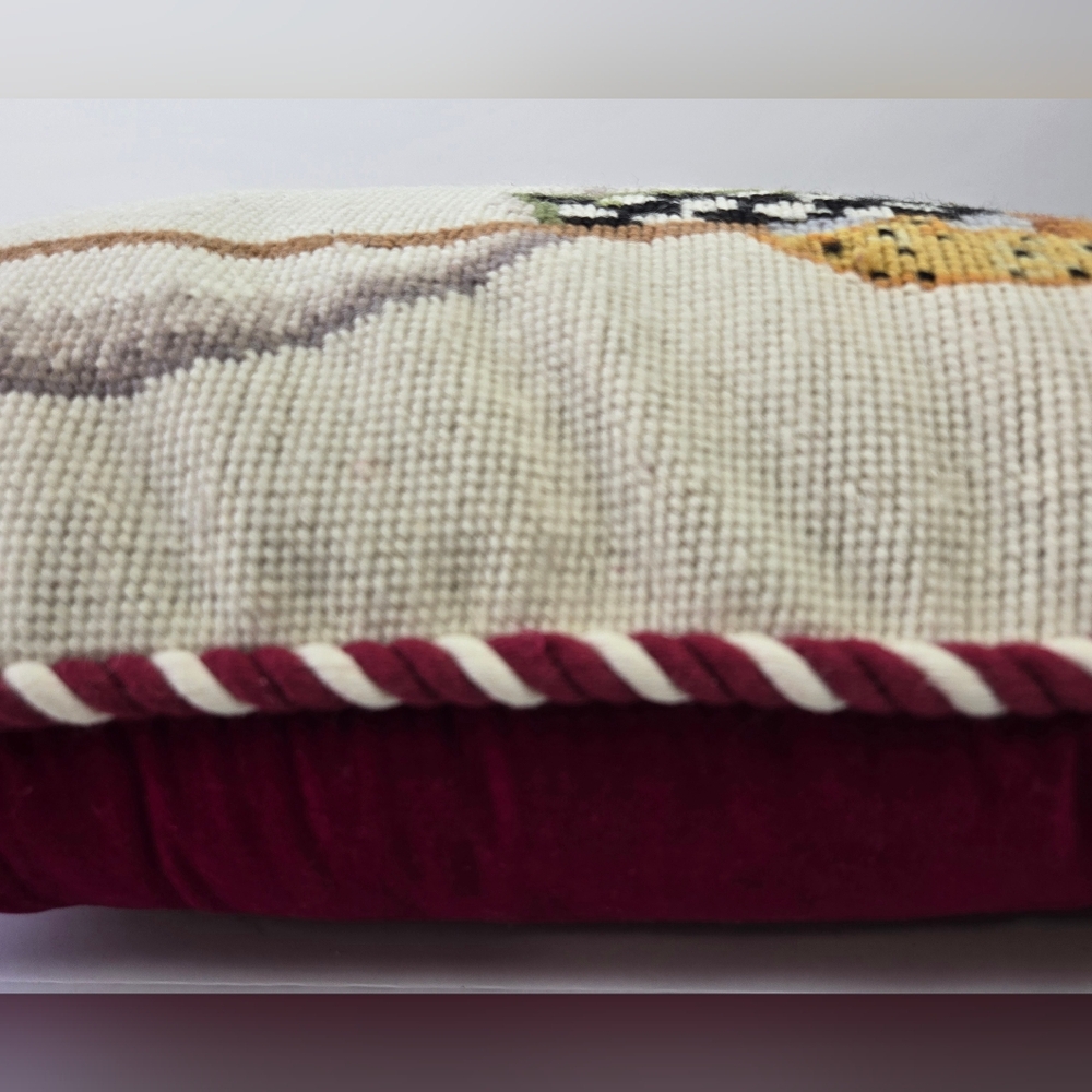 Vintage Wool Needlepoint Tapestry Pillow Snowman‎ Velvet Back Down Filled 17x13 - Picture 4 of 5